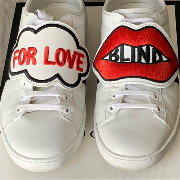 Gucci Ace Blind For Love With Removable Patches Leather Sneaker Size US 8,5 - Picture 9 of 14